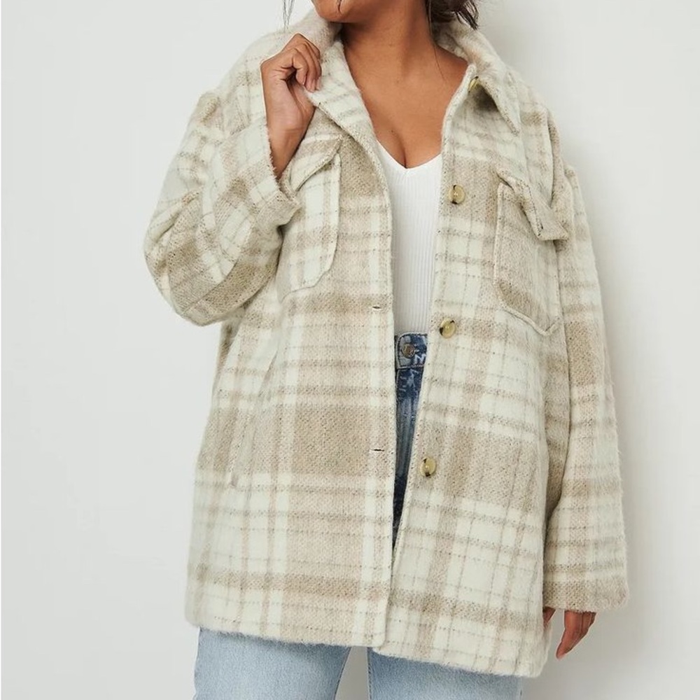 NA-KD Plaid Jacket - Cream and Tan